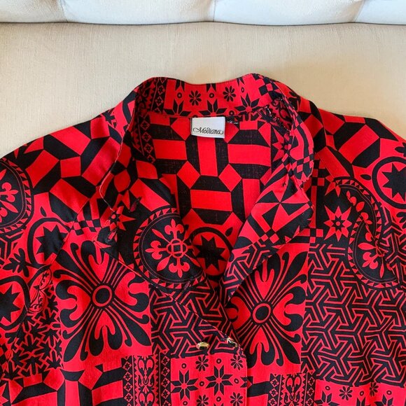Vintage Modiana Red Black Graphic Pattern Button Up Tunic Dress Shirt Whimsigoth - Picture 8 of 16